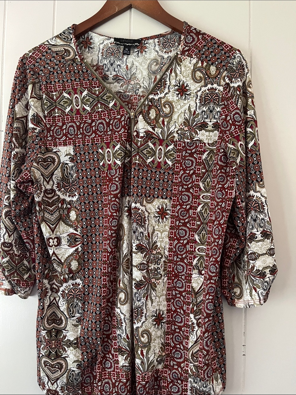 Chaus Mixed Print V-Neck Tunic - Red, Olive, Cream